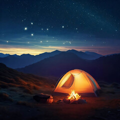 A tent with a campfire outside in the mountains on a beautiful night with constellations in the sky