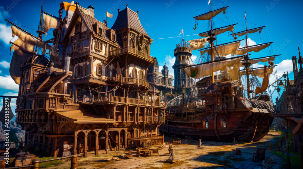 Poster computer generated image of town with pirate ship in the background. generative ai.