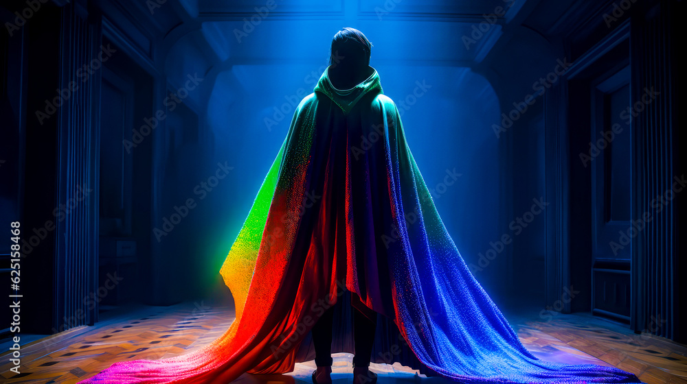 Aufkleber man in cape is standing in room with rainbow light. generative ai.
