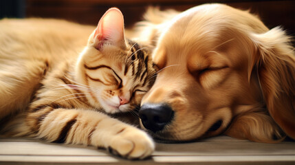 Sweet cat and dog are sleeping together. Generative AI.