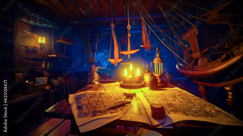 Poster table with map, candles and pirate ship in the background. generative ai.