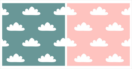 Cloud vector seamless pattern set. White clouds on color background. Cute template for wallpaper, kid room and Baby shower decor. Sky Collection for wrapping paper, package, child holiday, Postcard.