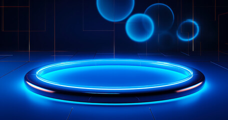 Fototapeta na wymiar Abstract 3d background with ring light and glass circles hover a blue wall for product display