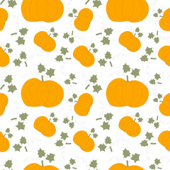 Seamless pumpkin pattern. Orange vegetables with leaves isolated on background. Loopable vector plant template for decoration, harvest festival, banner, postcard. Halloween Design graphic illustration