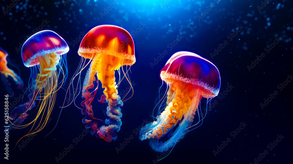 Aufkleber group of jellyfish floating in the ocean with blue sky background. generative ai.