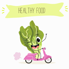 Illustration with funny cartoon characters romano, lettuce,iceberg, salad, vegetable. Funny and healthy food. Vitamins, cute face food, ingredients, vegetarian, vector cartoon.
