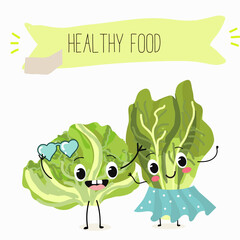 Illustration with funny cartoon characters romano, lettuce,iceberg, salad, vegetable. Funny and healthy food. Vitamins, cute face food, ingredients, vegetarian, vector cartoon.