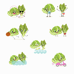 Illustration vector set, collection with funny  fresh
romano, lettuce,iceberg, salad, vegetable characters doing sports, playing musical instruments. Vector cartoon, agriculture, raw.