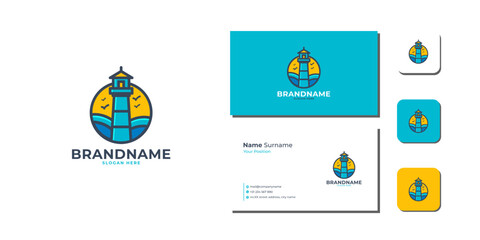 Lighthouse With Sunset Circle Logo Template Bundle With Business Card And Icon vector