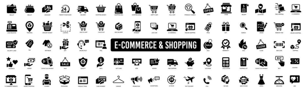 E-commerce shopping icons set. Online shopping icons set and payment elements. Vector illustration