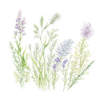 grass floral, Wildflowers, herbs painted in watercolor