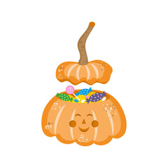 Vector image of a smiling pumpkin with candy inside. Halloween holiday, festive treats. Isolated on white background.