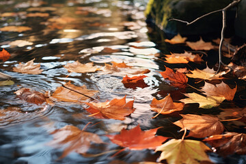 Autumnal Atmosphere Leaves Gently Floating Down In The Breeze. Generative AI