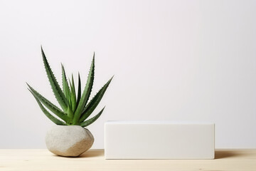 Empty White Podium Stone On White Background, Aloe Vera Next To It. Mockup For Cosmetic Products. Generative AI