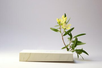 Empty White Podium Stone On White Background, Ylangylang Next To It. Mock-Up For Cosmetic Products. Generative AI