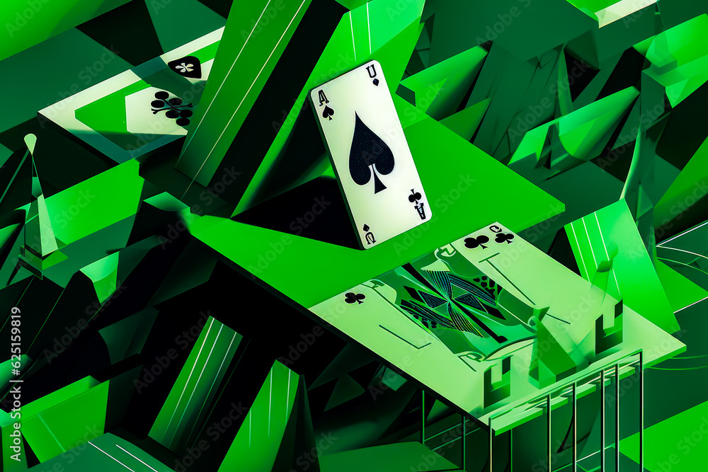 Aufkleber deck of playing cards on table surrounded by green and black shapes. generative ai.