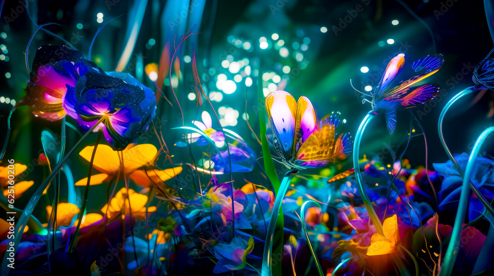 Poster bunch of flowers that are next to each other on field of grass. generative ai.