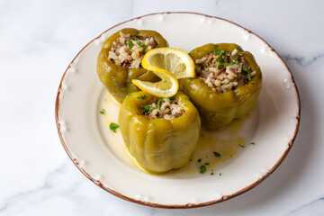 Traditional delicious Turkish food; stuffed bell peppers with meat (Turkish name; Etli biber dolmasi)