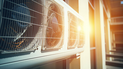 Split air conditioner on color outdoor wall. Closeup image.