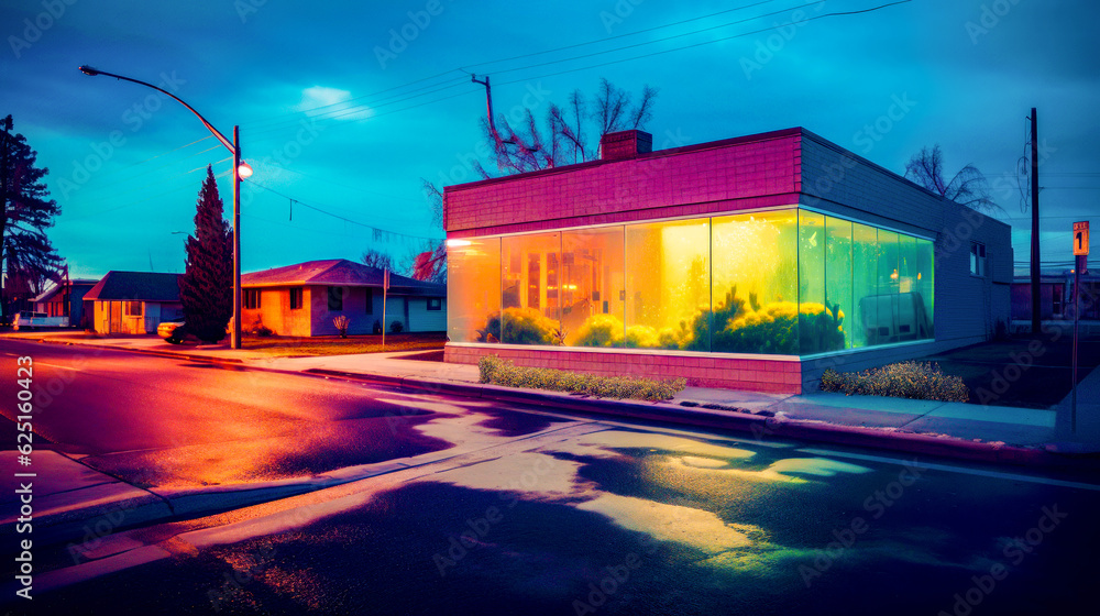 Poster building with lot of windows on the side of the street at night. generative ai.