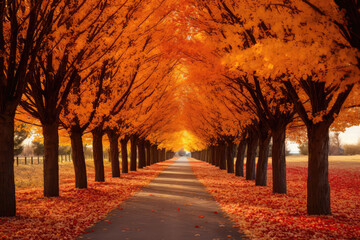 Pathway Lined With Trees Showing Off Their Autumn Foliage. Generative AI