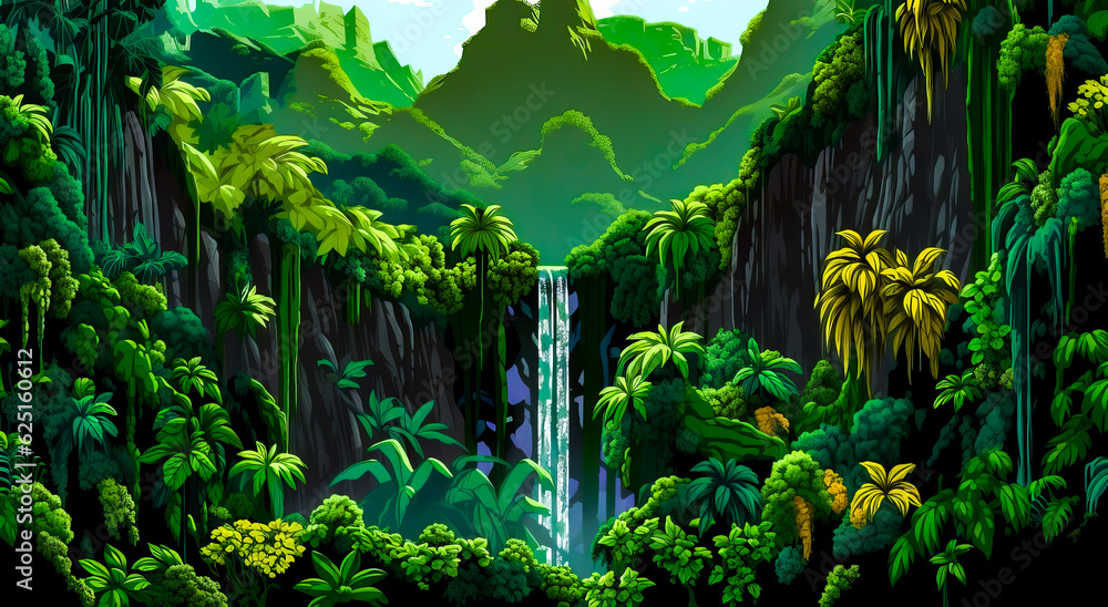 Poster painting of waterfall in the middle of jungle with trees and mountains in the background. generative