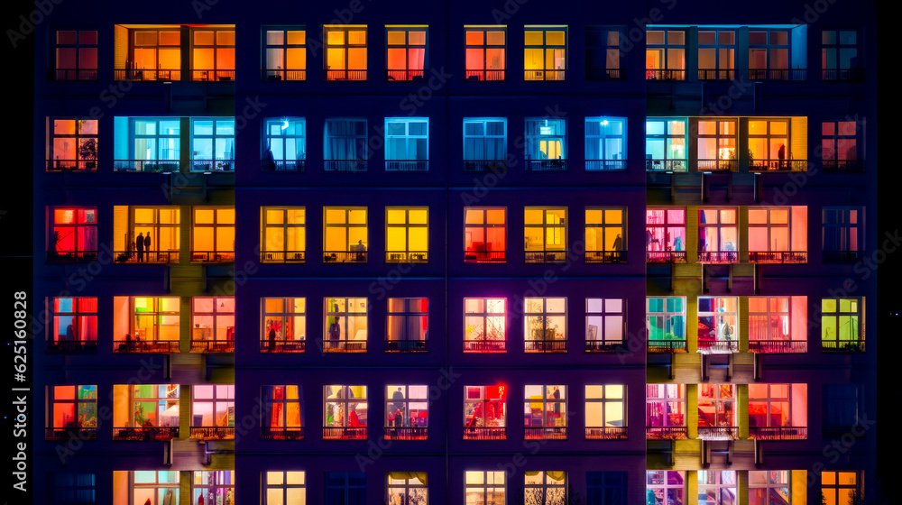 Aufkleber multicolored building with many windows lit up in the night time. generative ai.
