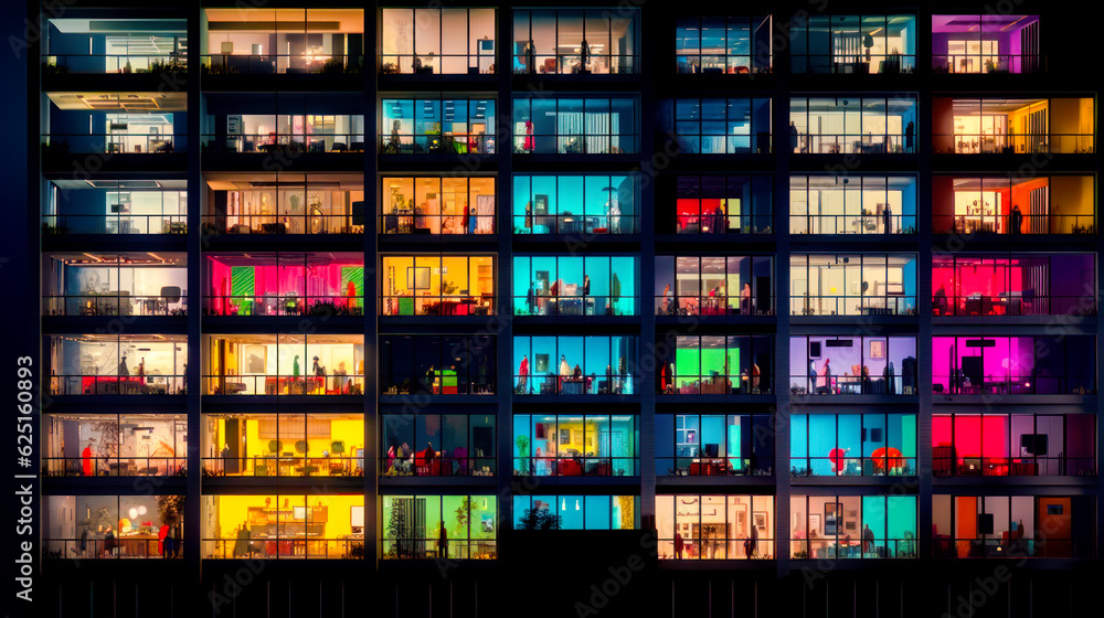 Poster multicolored building with lots of windows lit up in the night. generative ai.