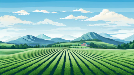 丘の中腹に広がる縞模様の農地、遠景には山々、青い空、白い雲、　Generative AI