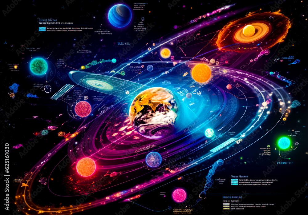 Poster diagram of the solar system with all the planets and stars in it. generative ai.