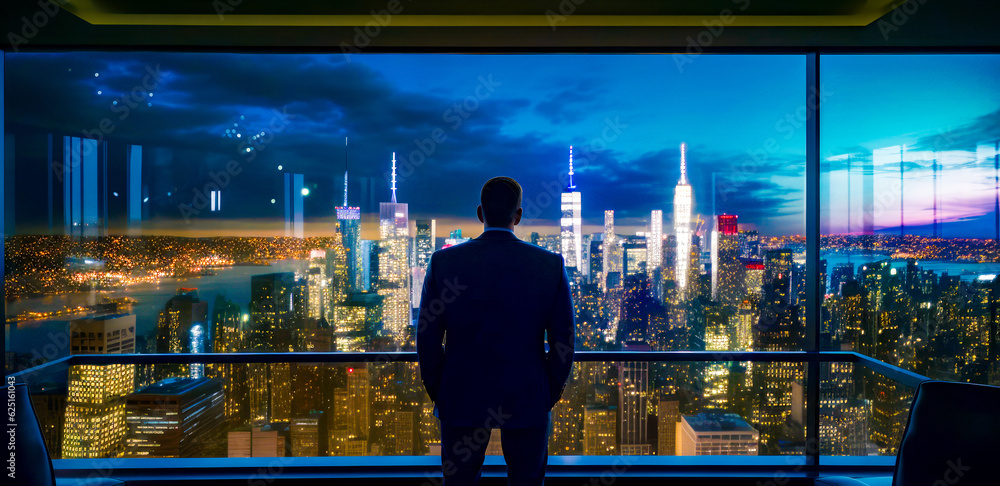 Poster man standing in front of window looking at city at night. generative ai.