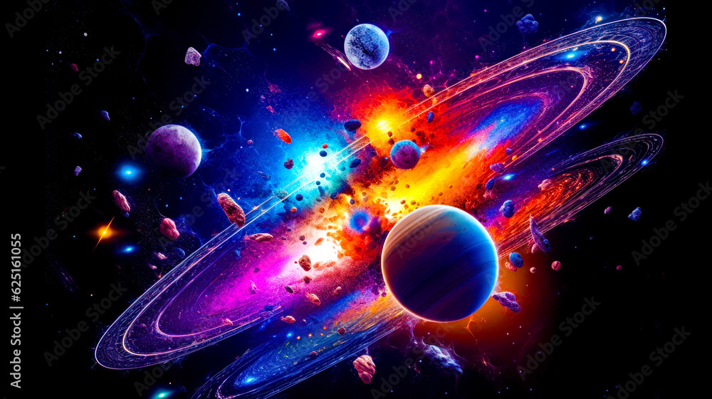 Poster image of space scene with planets and stars in the foreground. generative ai.