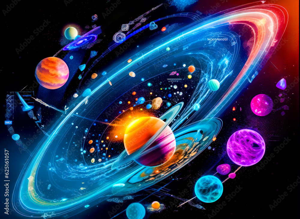 Poster image of space scene with lot of planets in the sky. generative ai.