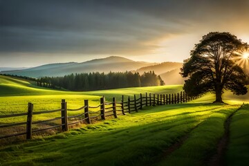 Fence at the edge of the field with beautiful sunset
