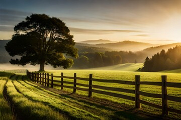 Fence at the edge of the field with beautiful sunset
