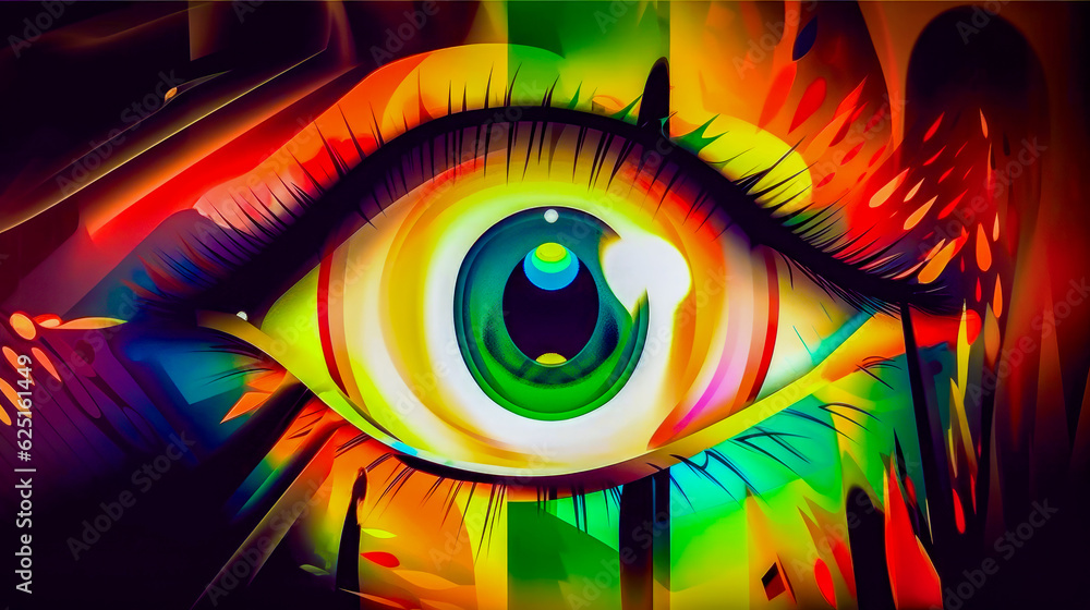 Poster close up of eye with multicolored lines on the iris. generative ai.