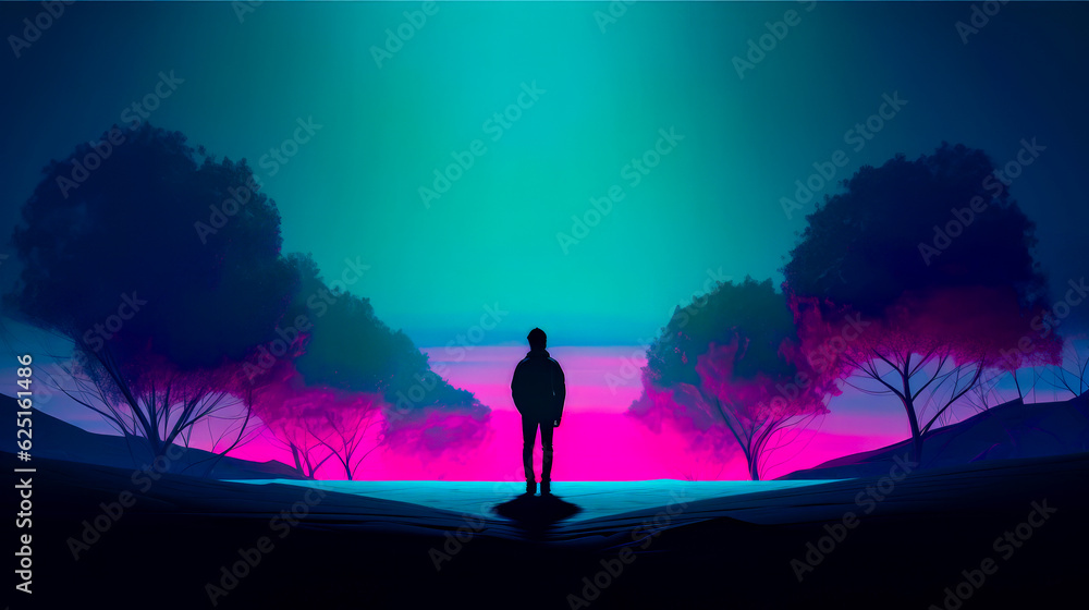 Poster man standing in front of pink and blue sky with trees in the background. generative ai.