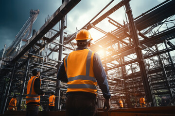 Fototapeta premium Smart civil engineer inspecting and working outdoors building side with blueprints. engineering and architecture concept.