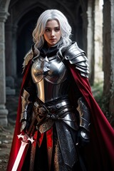 An adult female knight dressed in silver armor hidden under a black robe with a red cloak