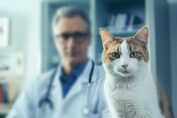 Cat In Front Of Man In Veterinary Clinic. Generative AI