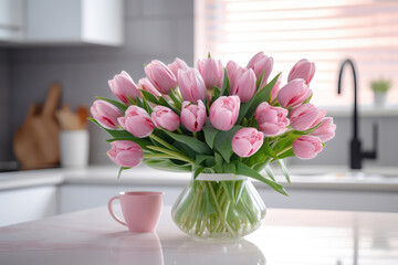 Large Bouquet Of Pink Tulips On Table In The Background Of Modern Kitchen. Generative AI