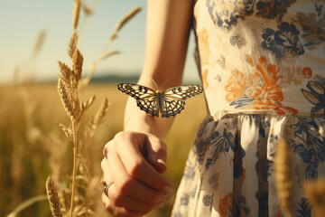 Butterfly Sits On Womans Arm In The Background Of Field Closeup. Generative AI