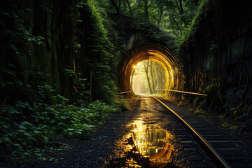 Bright Glow Illuminating Path Through Dark Tunnel. Generative AI