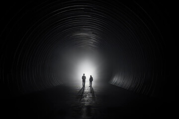 Figures Standing At The End Of Luminous Tunnel. Generative AI - obrazy, fototapety, plakaty