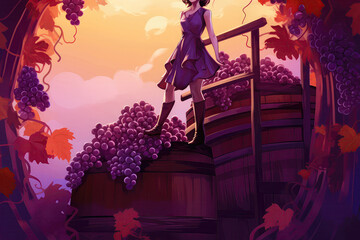 Girl Stands In Barrel Full Of Grapes, In The Style Of Light Purple And Maroon Illustration. Generative AI