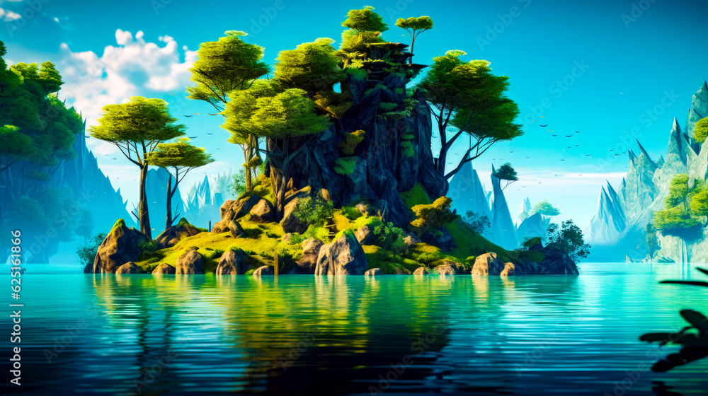 Poster painting of small island in the middle of lake surrounded by trees. generative ai.
