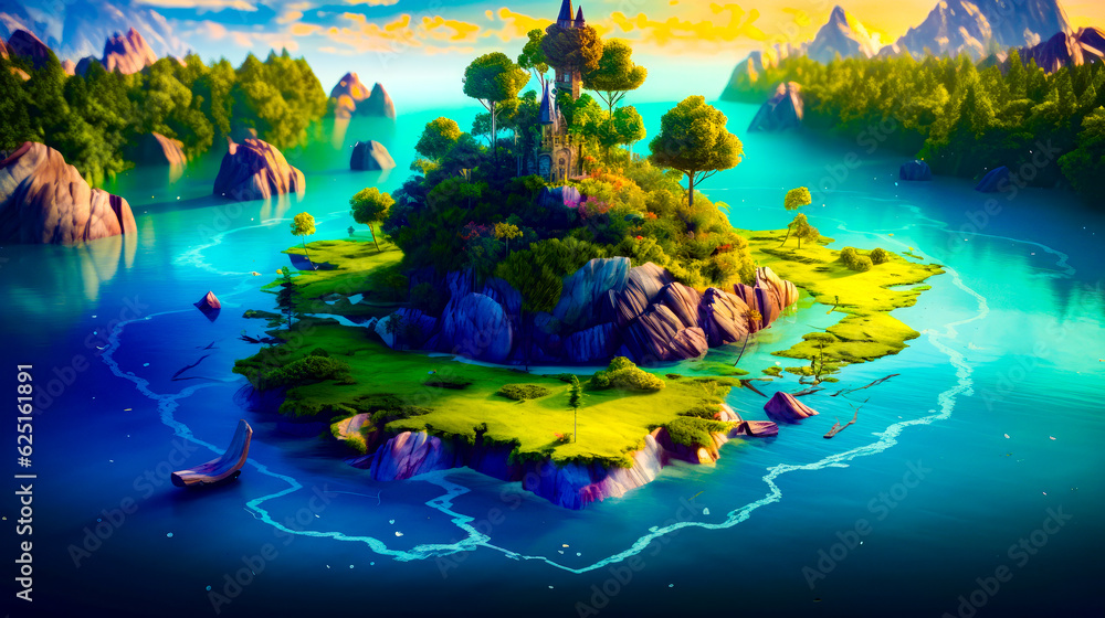 Aufkleber small island in the middle of the ocean with castle on top of it. generative ai.