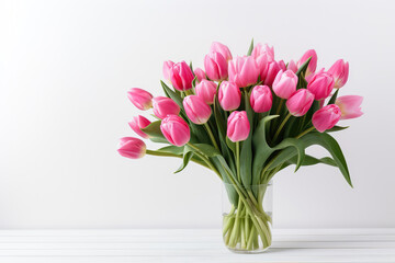 Large Bouquet Of Pink Tulips On White Background. Generative AI