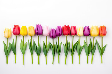 Multicolored Tulips Lying At Distance From Each Other On White Background, Top View. Generative AI