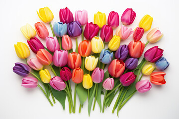 Multicolored Tulips On White Background, Top View. Generative AI